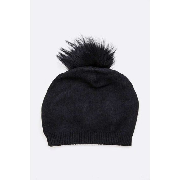 Raccoon Fur Pom Cashmere Blend Slouchy Beanie - Black